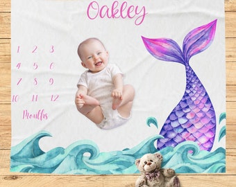 Mermaid Tail Baby Girl Milestone Blanket Personalized Blanket Monthly Milestone Blanket, Baby Shower Gift, Baby Girl Blanket, Nursery Decor