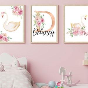 Set of 3 swan princess prints, whimsical nursery wall art, baby name sign, custom name sign, boho digital download, pink rose