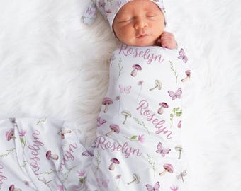 PERSONALIZED BABY GIRL Mushroom Swaddle Blanket, Newborn Girl Custom Name Swaddle, Pink Mushroom Butterfly Baby Blanket, Cottage Core Baby