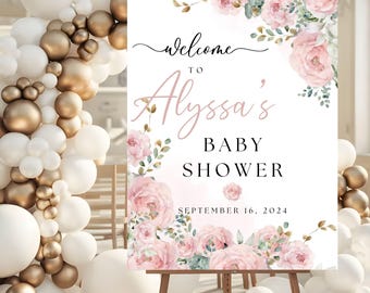 Baby in Bloom Baby Shower Welcome Sign, Floral Baby Shower Sign, Pink Flowers Baby Shower Welcome Poster, Blush Rose Baby Shower Decor