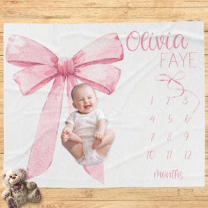 Roze strik mijlpaaldeken, coquette baby, baby deken, leeftijd deken pasgeboren meisje, baby deken van maand tot maand, aangepaste deken eerste jaar meisje