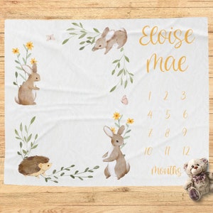 Manta Boho Bunny Milestone, regalo personalizado de baby shower en el bosque, manta personalizada, nuevo regalo para bebés, guardería en el bosque, accesorio fotográfico, neutral