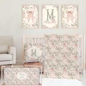 Nursery Bedding Set, Floral Baby Girl Decor, Crib Sheet, Vintage, Personalized Name Sign, Pink and Sage Green