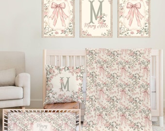Beddengoedset voor baby's, bloemendecor babymeisje, ledikantlaken, vintage, gepersonaliseerd naambordje, roze en saliegroen