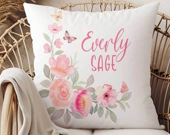 Floral Custom Name Pillow, Pink Flowers with Butterflies, Nursery Decor, Gift for Nursery, Baby Gift for Girls, Personalized Gift for Girls