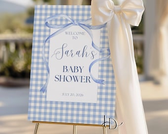 Letrero de bienvenida para baby shower con estampado de cuadros azules, Baby shower clásico para niño con estampado de cuadros, Baby shower vintage, Lazo azul, Baby Sprinkle, Póster para baby shower