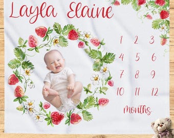 Meilenstein-Decke, Erdbeer-Baby-Dusche-Geschenk, individuelle Decke, neues Baby-Geschenk, Erdbeer-Kinderzimmer, Foto-Requisite