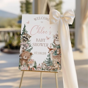Letrero de bienvenida para baby shower de niña con temática de bosque, póster de bienvenida con animales del bosque, letrero rústico con animales del bosque, tablero de espuma