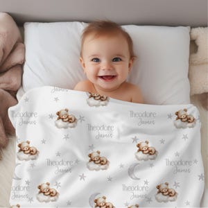 Personalized Teddy Bear Blanket, Baby Shower Gift, Custom Teddy Bear Nursery Decor, Blue Bow Coquette, Baby Boy Bear Blanket, Name Blanket