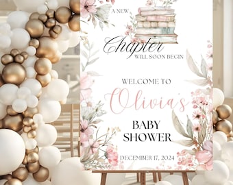 A New Chapter Begins Baby Shower Welcome Sign, Girl Storybook Baby Shower Decor, Book Themed Baby, Wildflower Vintage, Pink and Sage Green