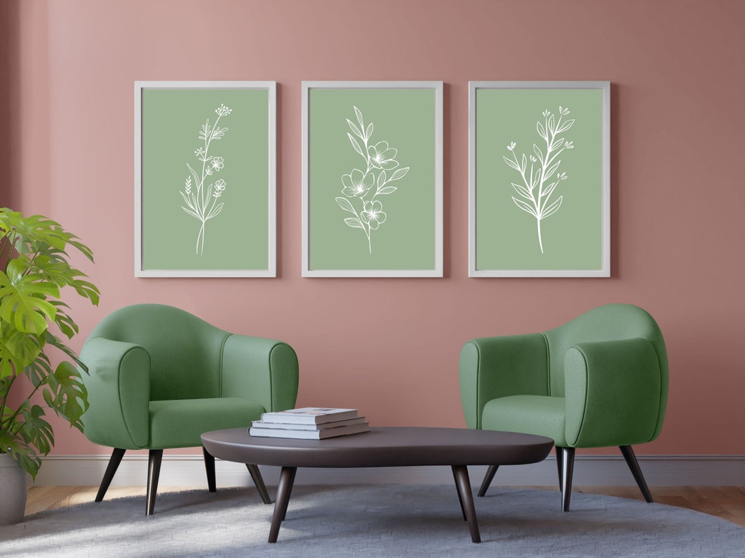 Botanical Wall Art Set of 3, Minimalist Line Art Print, Sage Green ...