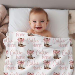 Cowgirl Name Swaddle, Custom Floral Girl Name Blanket, Personalized Baby Cowboy Hat & Boots Swaddle, Western Name Blanket, Pink Bow Coquette