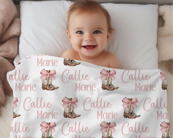 Cowgirl Name Swaddle, Custom Floral Girl Name Blanket, Personalized Baby Cowboy Hat & Boots Swaddle, Western Name Blanket, Pink Bow Coquette