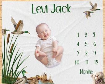 Mallard Duck mijlpaaldeken, gepersonaliseerde eend baby jongen maand deken, gepersonaliseerd babycadeau, babyshower cadeau, foto prop, neutraal