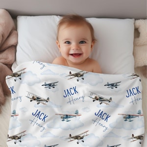Custom Airplane Baby Name Blanket Personalized Aviation Swaddle Hospital Blanket New Mom Gift Newborn Gift Baby Shower Gift Toddler Blanket