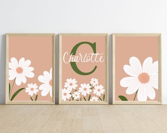Set of 3 daisy prints, whimsical nursery wall art, baby name sign, custom name sign, boho poster, dusty rose and sage green