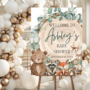 Letrero de bienvenida para baby shower con temática de bosque, póster de bienvenida para baby shower con animales del bosque, letrero rústico con animales del bosque, tablero de espuma