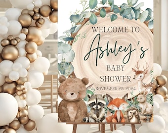 Woodland Baby Shower Welcome Sign, Greenery Forest Animals Baby Shower Welcome Poster, Woodland Animals Sign Rustic, Foam Board