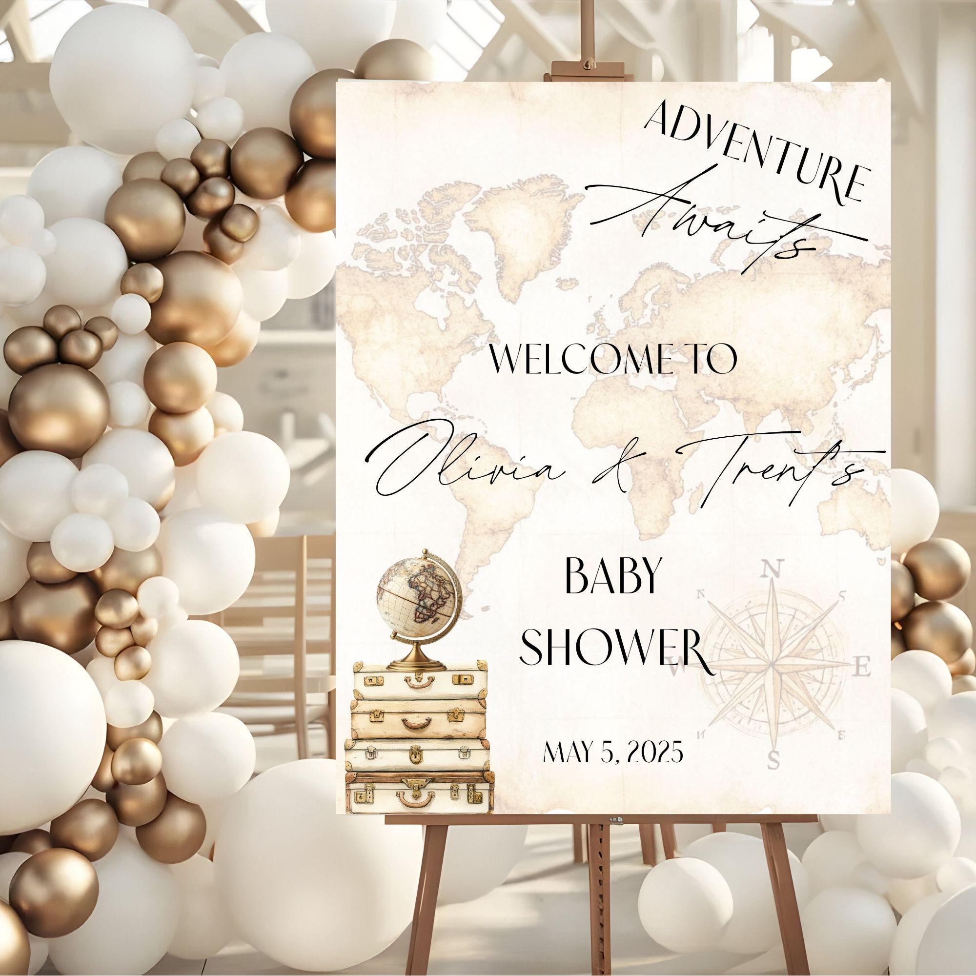 Adventure Awaits Welcome Sign Baby Shower Traveling Around the World Travel Adventure Welcome Poster, Neutral Baby Shower, Foam Board