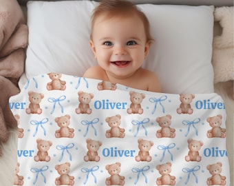 Personalized Teddy Bear Blanket, Baby Shower Gift, Custom Teddy Bear Nursery Decor, Blue Bow Coquette, Baby Boy Bear Blanket, Name Blanket