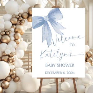 Blue Bow Baby Shower Boy Customized Welcome Sign, Classic Baby Shower Boy Welcome sign, Blue Vintage Baby Shower sign, Dusty Blue