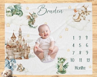 Dragon Milestone Blanket, Personalized Dragon Baby Shower Gift, Custom Blanket, New Baby Gift, Dragon Nursery, Photo Prop
