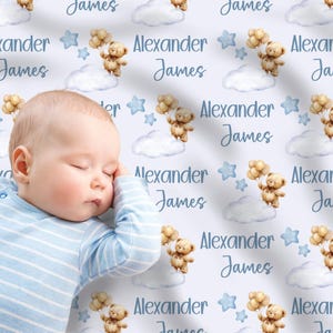 Personalized Teddy Bear Blanket, Baby Shower Gift, Custom Teddy Bear Nursery Decor, Blue Bow Coquette, Baby Boy Bear Blanket, Name Blanket