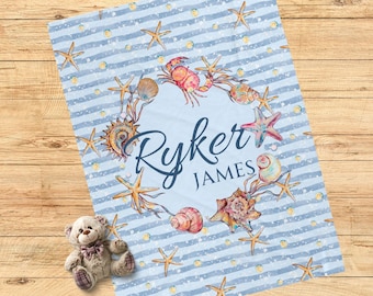 Baby Boy Name Blanket, Under the Sea Baby Name Blanket, Personalized Underwater Baby Name Blanket, Sea Animals Nursery, Baby Shower Gift