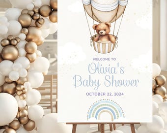We Can Bearly Wait Baby Shower Welcome Sign, Hot Air Balloon Baby Shower Poster, Boho Bear Baby Shower, Boy Baby Shower Poster, Teddy Bear
