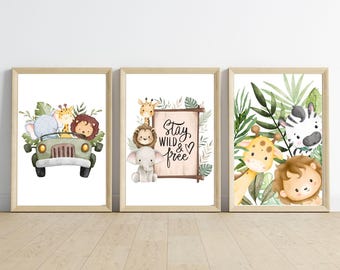 Safari Nursery Decor Set of 3 Jungle Animal Nursery Prints | Lion, Giraffe, Elephant | Nursery Child Kids Printable | Baby Neutral Decor