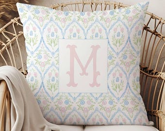 BABY GIRL Monogram Pillow,Grandmillenial Nursery,Blue and Pink Floral,Personalized Toddler Girl Cushion,Granny Chic Nursery, Dorm Decor