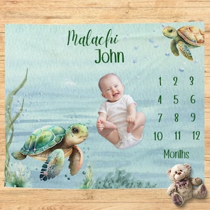 Manta de hitos de tortuga marina, manta personalizada para bebé niño con diseño de tortuga marina, regalo personalizado para bebé, regalo para baby shower, accesorio para fotos, neutro