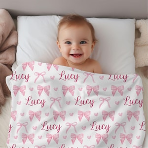 Manta personalizada con lazo rosa, manta personalizada para bebé, regalo para baby shower, manta para bebé niña, manta para cuna, accesorio para fotos de recién nacidos, coqueta