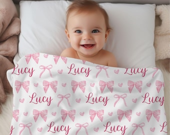 Manta personalizada con lazo rosa, manta personalizada para bebé, regalo para baby shower, manta para bebé niña, manta para cuna, accesorio para fotos de recién nacidos, coqueta