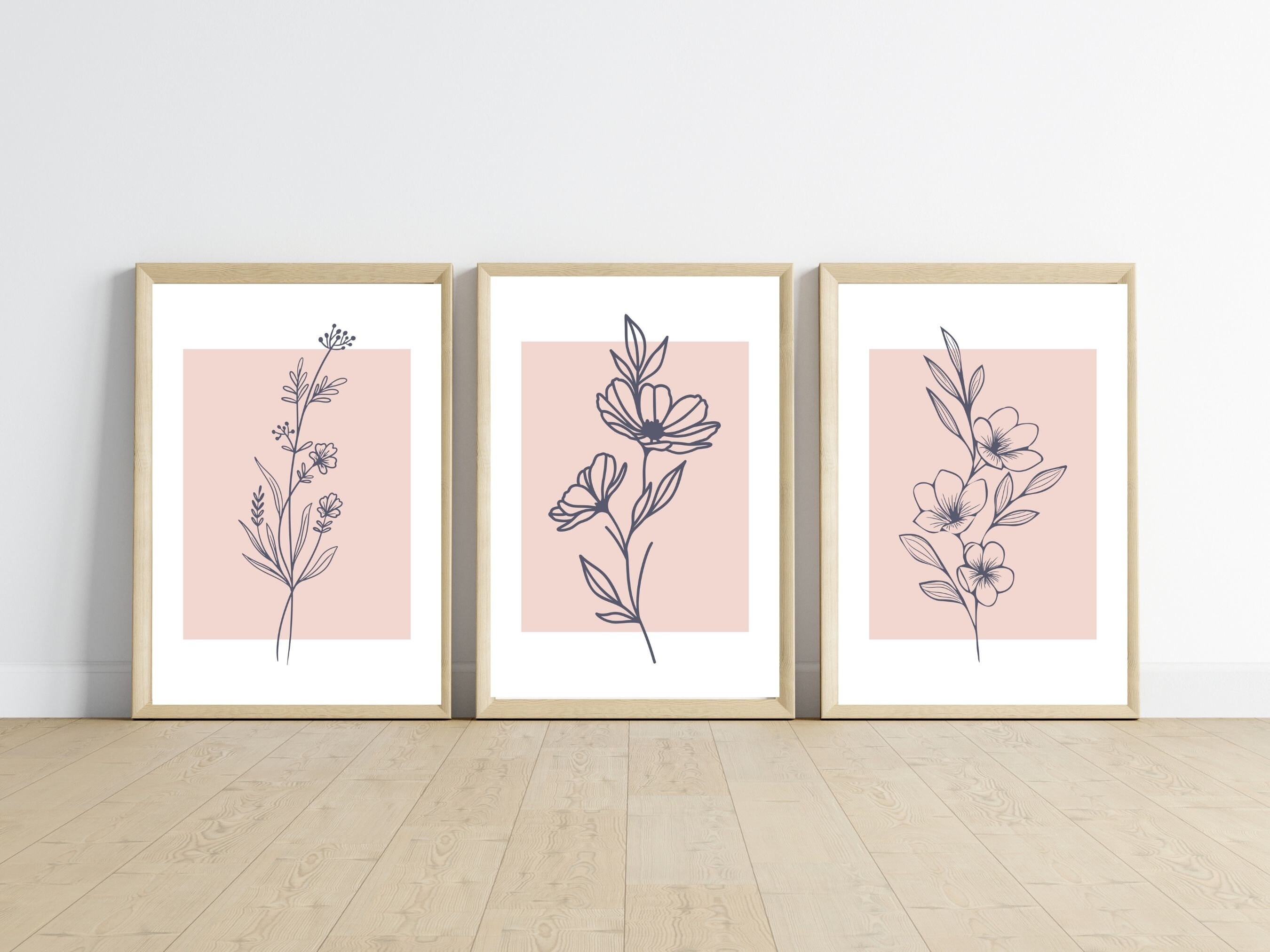 Botanical Wall Art Set of 3, Minimalist Line Art Print, Blush Pink and ...