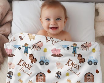 Farm Animals Blanket Baby Boy, Custom Photo Prop, Toddler Minky, Pig, Cow, Sheep Newborn Swaddle, Farm Nursery