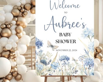 Blue Wildflower Baby shower Welcome sign, Baby In Bloom Welcome sign, Blue Boho Chic Baby Shower, Boy Baby Shower Sign, Foam Board