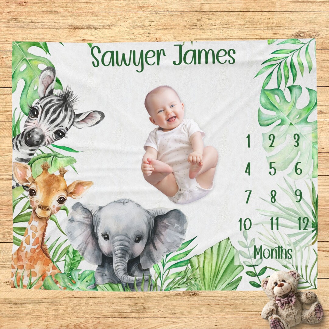 Personalized Safari Animal Milestone Blanket Boy Monthly Photos Blanket ...
