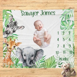 Manta de hitos de animales de safari personalizada para niño, fotos mensuales, manta para guardería de animales de la jungla para recién nacidos, manta para la edad del bebé, regalo para baby shower