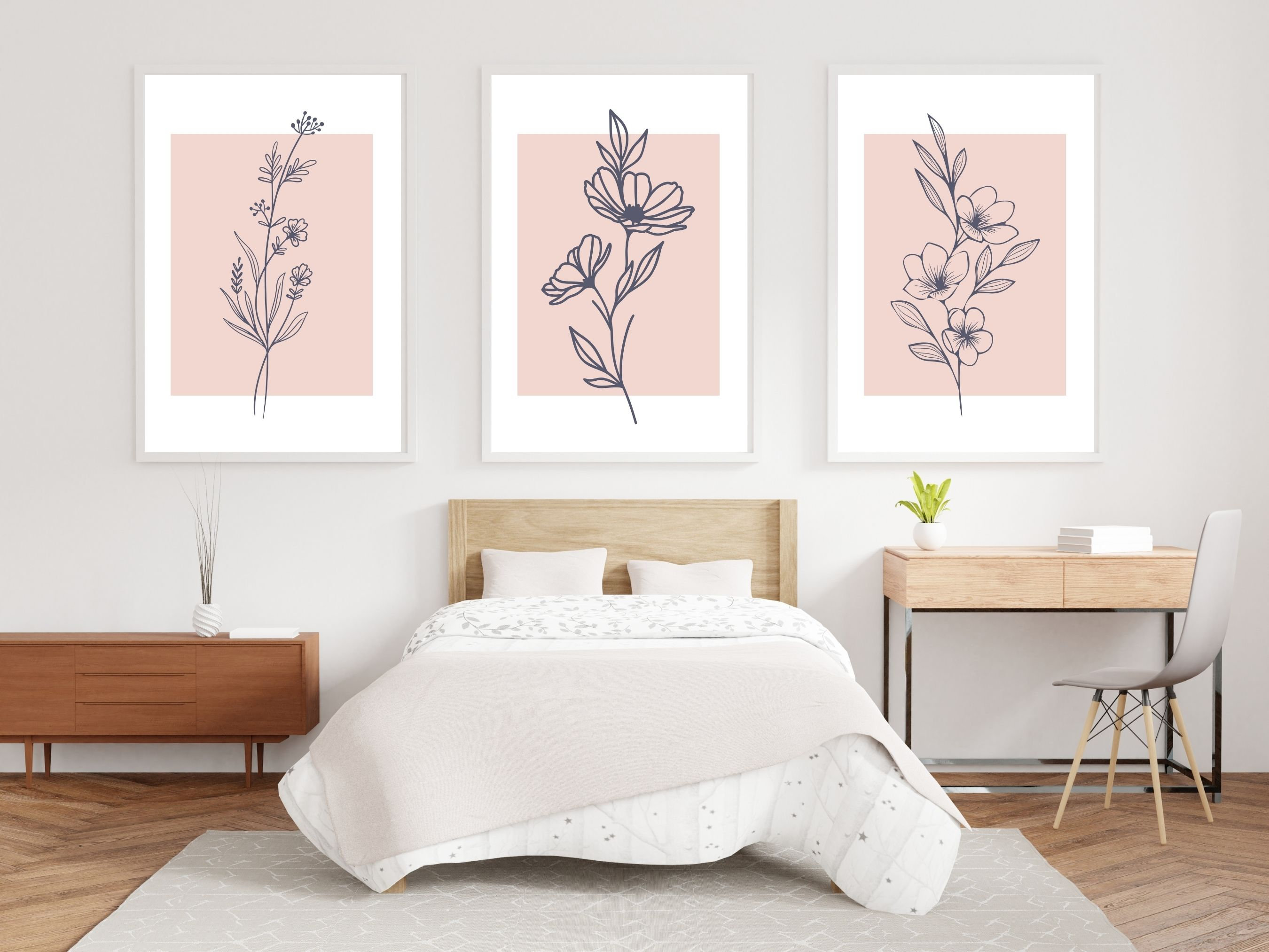 Botanical Wall Art Set of 3, Minimalist Line Art Print, Blush Pink and ...