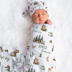 Woodland Swaddle, Waldbaby-Namensdecke, personifizierte Swaddle-Decke, Rehbär-Babydecke, Jagdbaby, Waldtier-Decke
