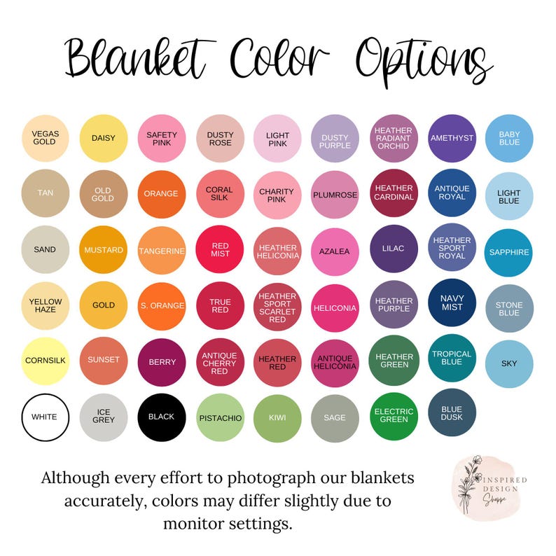 May include: A chart of 48 different color options for blankets. The colors are arranged in a grid with the names of each color listed below each circle.