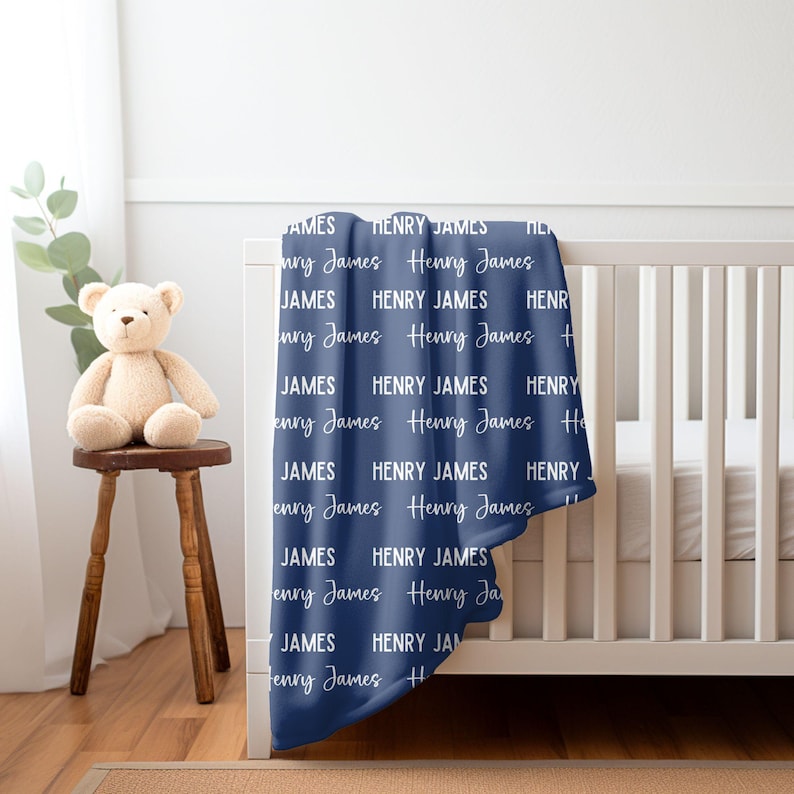 May include: A navy blue baby blanket with the names "Henry James" repeated in white text.