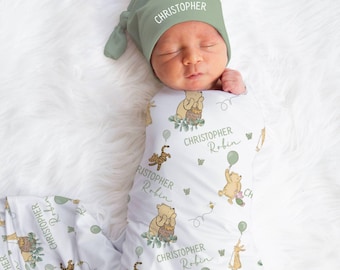 Classic Winnie the Pooh PERSONALIZED Swaddle Set - Bear Baby Shower Gift, Coming Home Outfit Custom Baby Blanket