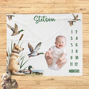 Manta de caza, manta personalizada para el mes de pato silvestre, regalo personalizado para bebé, regalo para baby shower, accesorio para fotos, color neutro