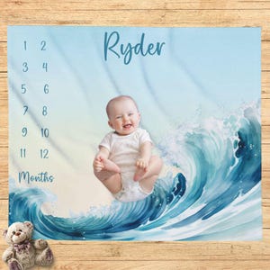Manta de hitos con olas del océano, manta de playa mensual para bebé, manta con olas del océano, regalo para baby shower, regalo para recién nacido, manta de hitos para surfistas