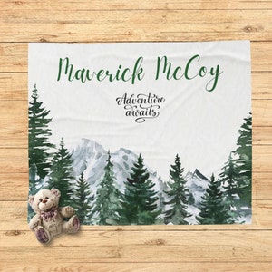 Baby Name Blanket, Mountains Name Blanket, Personalized Woodland Baby Name Blanket, Adventure Awaits Nursery, Baby Shower Gift,ForestSwaddle