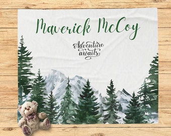 Coperta con nomi di bambino, coperta con nomi di montagne, coperta personalizzata con nomi di bambini nei boschi, scuola materna dell’avventura, regalo per prenascita, ForestSwaddle