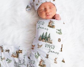 Woodland Swaddle, Woodland Baby Name Blanket, Personalized Swaddle Blanket, Deer Bear Baby Blanket, Hunting Baby, Forest Animal Blanket