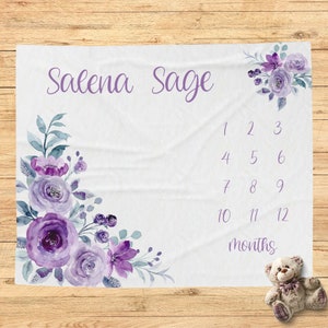 Purple Rose Milestone Blanket, Personalized Rose Baby Shower Gift, Custom Blanket, New Baby Gift, Lavender Nursery, Photo Prop